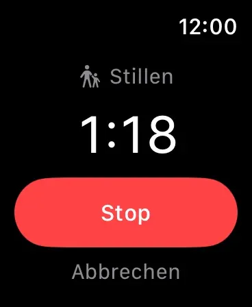 Quicklog Baby Apple Watch Timer für eine laufende Still-Session mit Stopp-Taste.