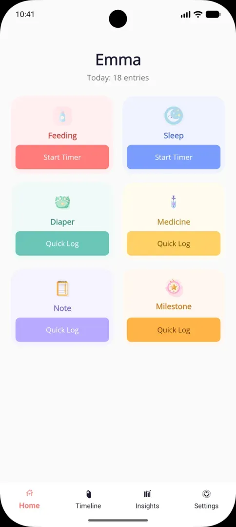 Home screen with six large action buttons