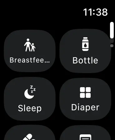 Quicklog Baby Apple Watch app with large tiles for nursing, bottle, sleep and diaper.