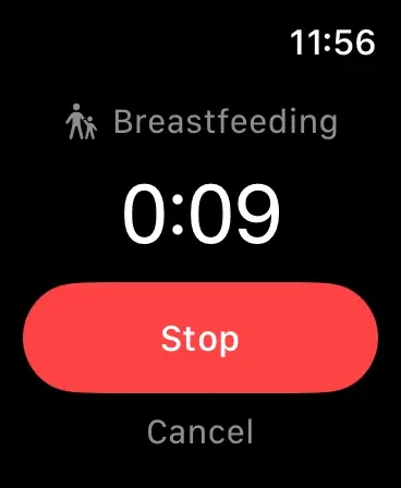 Quicklog Baby Apple Watch timer for a running breastfeeding session with a stop button.