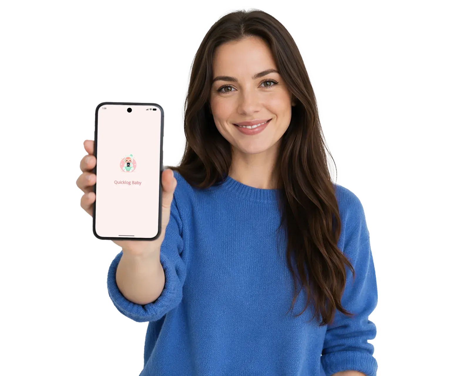 Mutter hält ihr Smartphone mit der geöffneten Quicklog Baby App hoch — sechs große Aktionsbuttons auf dem Startbildschirm